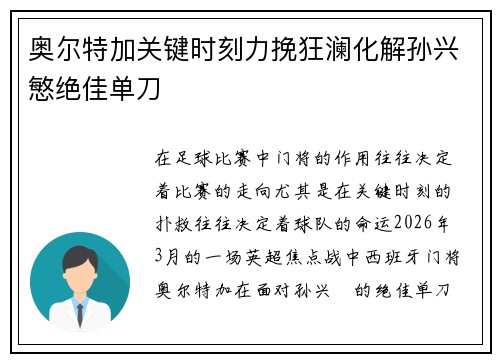 奥尔特加关键时刻力挽狂澜化解孙兴慜绝佳单刀